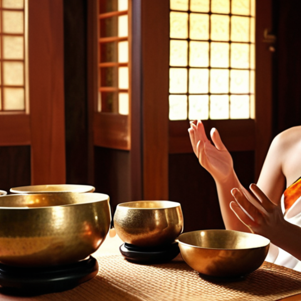 **

A serene scene of a sound therapy session in Thailand. Show a person relaxing while a practitioner uses singing bowls. Emphasize the calm and peaceful atmosphere, with soft lighting and traditional Thai decor in the background. The overall mood should be one of healing and tranquility. Words like "Sound Healing" and "Relaxation" can be subtly incorporated.

**