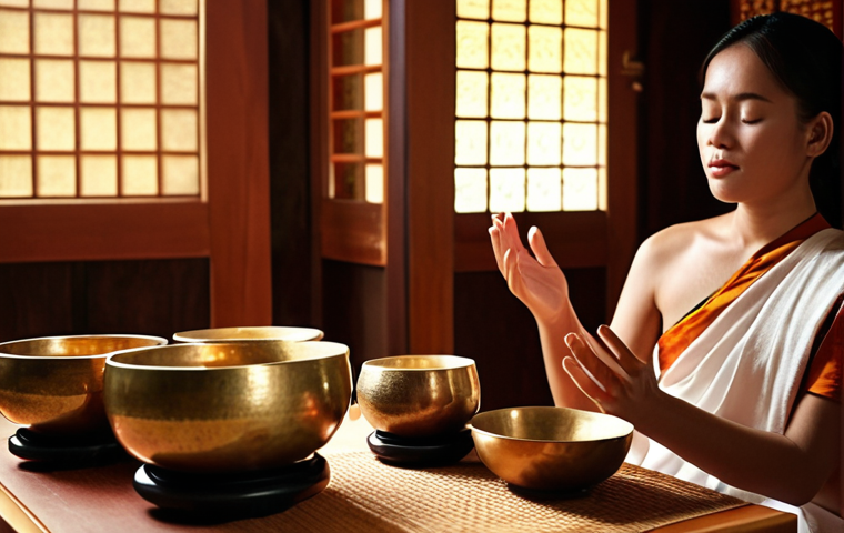 **

A serene scene of a sound therapy session in Thailand. Show a person relaxing while a practitioner uses singing bowls. Emphasize the calm and peaceful atmosphere, with soft lighting and traditional Thai decor in the background. The overall mood should be one of healing and tranquility. Words like "Sound Healing" and "Relaxation" can be subtly incorporated.

**