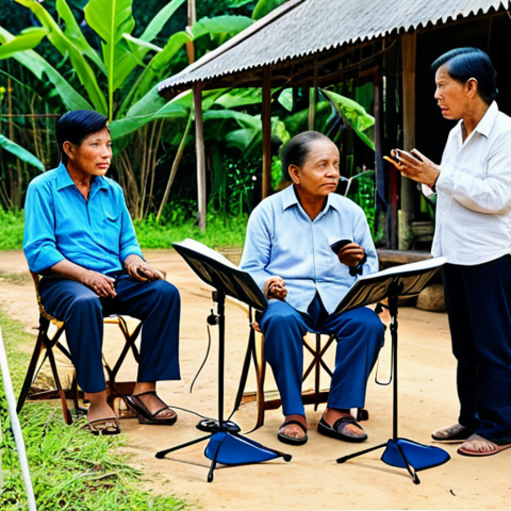 **
"A community art project showcasing sounds, professional recording equipment visible, fully clothed participants listening attentively, safe for work, perfect anatomy, natural proportions, outdoor setting in a Thai village, appropriate content, family-friendly, digital art, high quality."
**