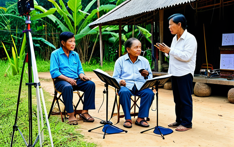 **

"A community art project showcasing sounds, professional recording equipment visible, fully clothed participants listening attentively, safe for work, perfect anatomy, natural proportions, outdoor setting in a Thai village, appropriate content, family-friendly, digital art, high quality."

**