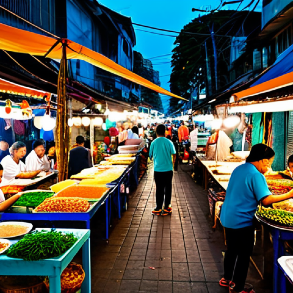 사운드 아트의 작곡 및 편곡 기법 - **Prompt:** A vibrant and bustling Thai street food market at dusk, filled with colorful stalls, ven...