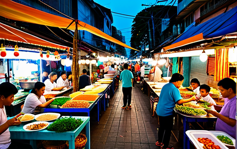 사운드 아트의 작곡 및 편곡 기법 - **Prompt:** A vibrant and bustling Thai street food market at dusk, filled with colorful stalls, ven...