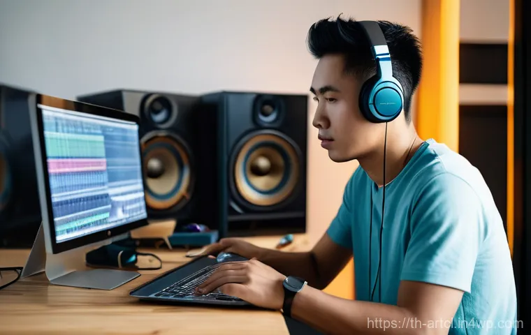 사운드 아트 프로젝트의 제한 사항 검토하기 - **Prompt:** A young Thai sound artist, in their late twenties, sits in a minimalist yet warm home st...