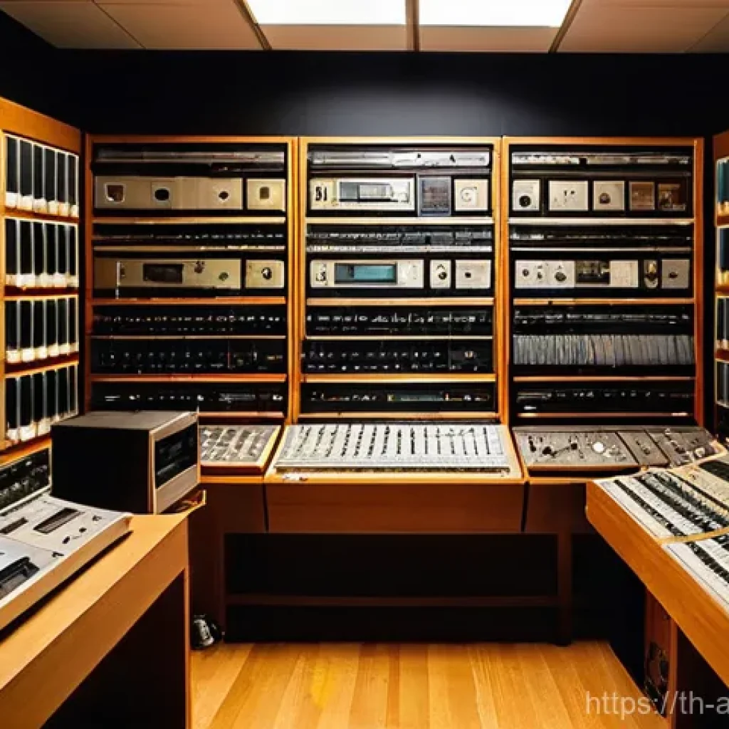 사운드 아트 프로젝트의 운영 및 유지보수 - **Prompt:** A highly organized and clean modern sound art archive room. In the center, a focused arc...