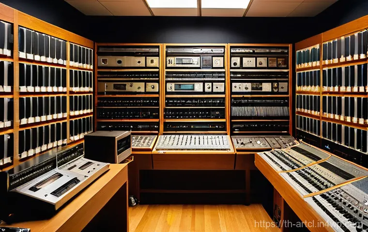 사운드 아트 프로젝트의 운영 및 유지보수 - **Prompt:** A highly organized and clean modern sound art archive room. In the center, a focused arc...