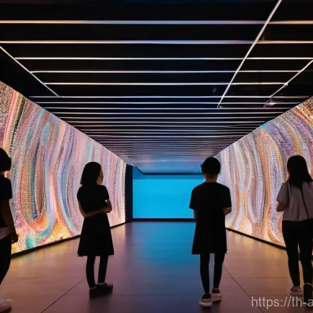 사운드 아트와 인터랙티브 기술의 관계 - **"Interactive Sound Garden at BACC"**: A vibrant, modern art exhibition space resembling a gallery ...