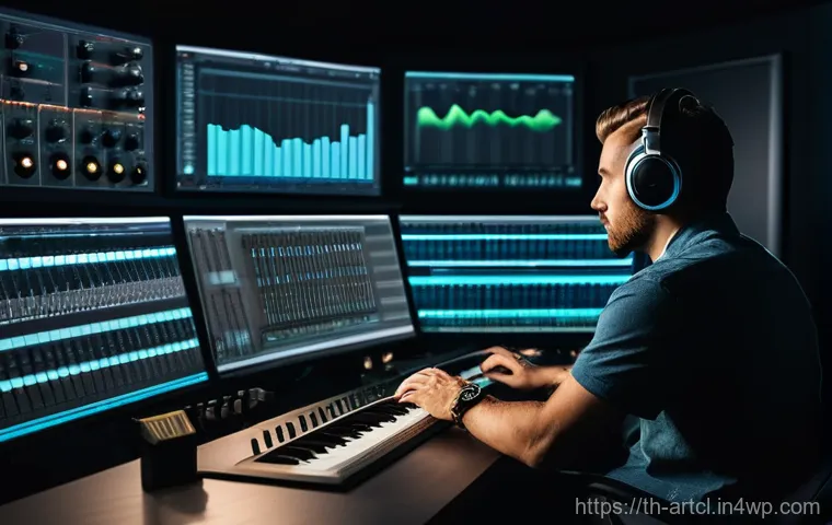 사운드 아트 프로젝트를 위한 협업 플랫폼 - **Prompt:** A diverse group of professional sound artists from various global locations are collabor...