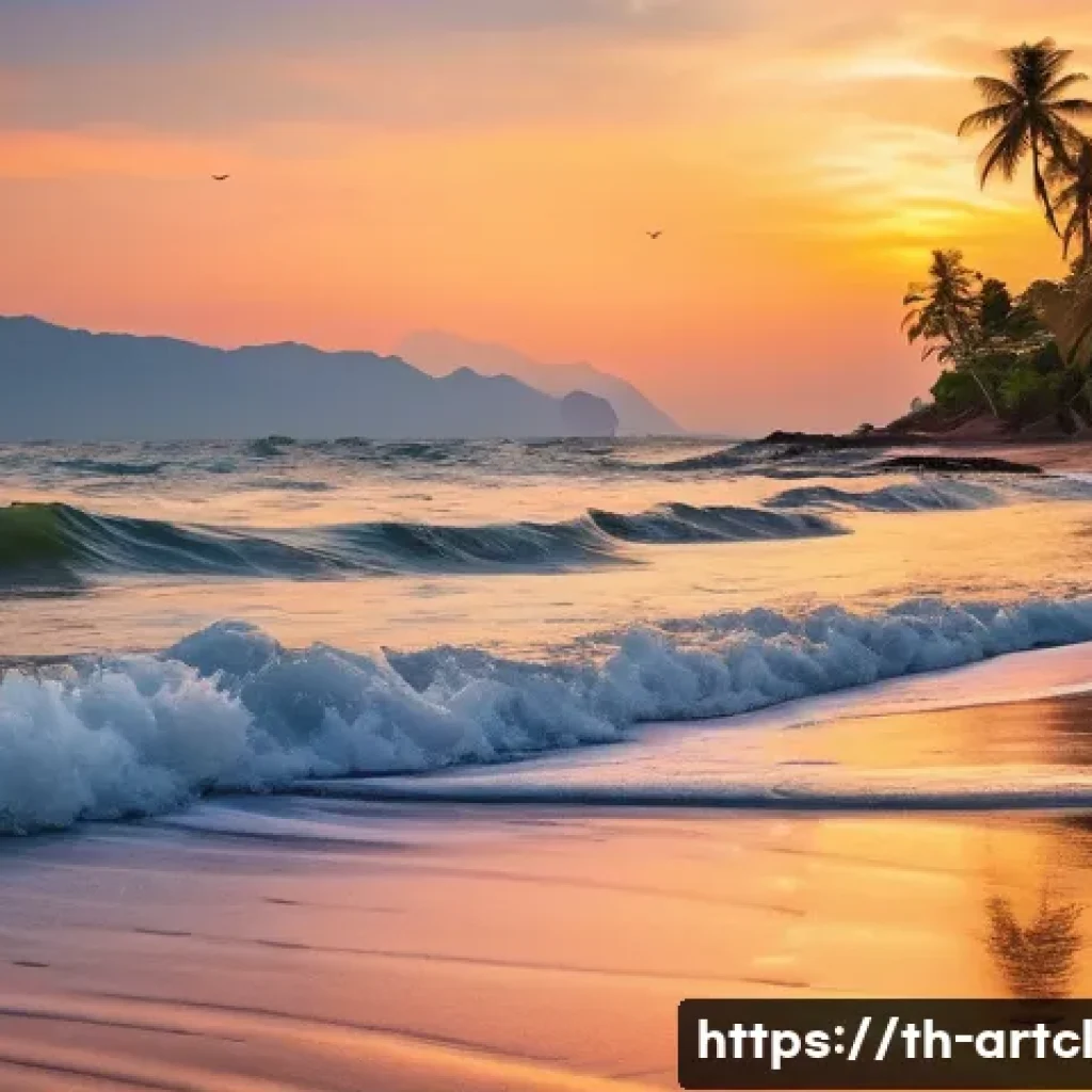 사운드 아트에서 현장 경험의 중요성 - A serene natural landscape at a southern Thai beach during sunset, with gentle ocean waves rolling o...
