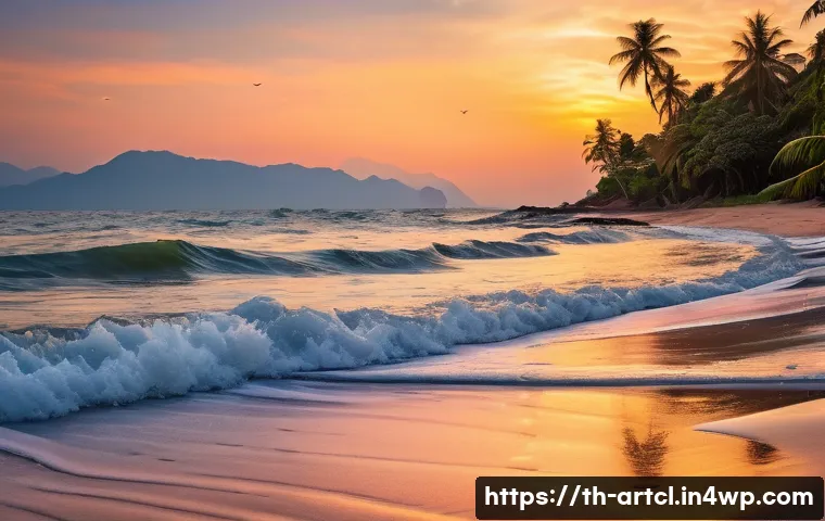 사운드 아트에서 현장 경험의 중요성 - A serene natural landscape at a southern Thai beach during sunset, with gentle ocean waves rolling o...