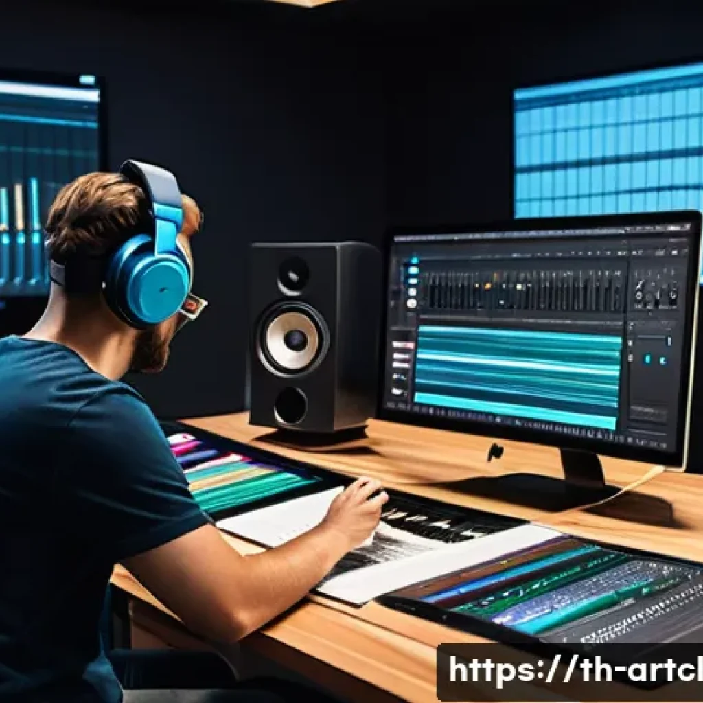 사운드 아트의 창작 과정에서의 협업 방법 - A collaborative sound art studio scene showing a diverse creative team actively exchanging ideas: a ...