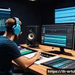 사운드 아트의 창작 과정에서의 협업 방법 - A collaborative sound art studio scene showing a diverse creative team actively exchanging ideas: a ...