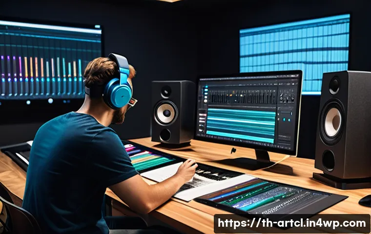 사운드 아트의 창작 과정에서의 협업 방법 - A collaborative sound art studio scene showing a diverse creative team actively exchanging ideas: a ...