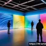 사운드 아트의 다중 감각적 경험 설계 - A modern art installation in a spacious gallery featuring a dynamic interplay of colorful ambient li...