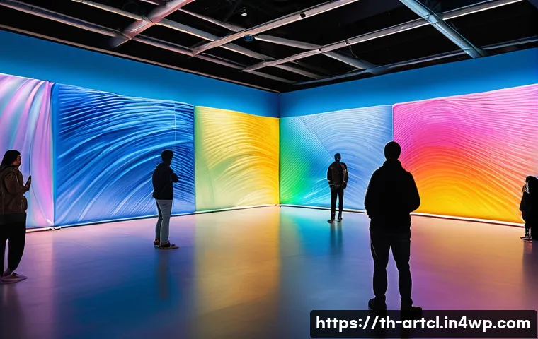 사운드 아트의 다중 감각적 경험 설계 - A modern art installation in a spacious gallery featuring a dynamic interplay of colorful ambient li...