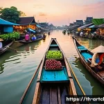 사운드 아트 프로젝트와 커뮤니티의 관계 - A vibrant scene of a bustling Thai floating market at dawn, with vendors in traditional attire selli...