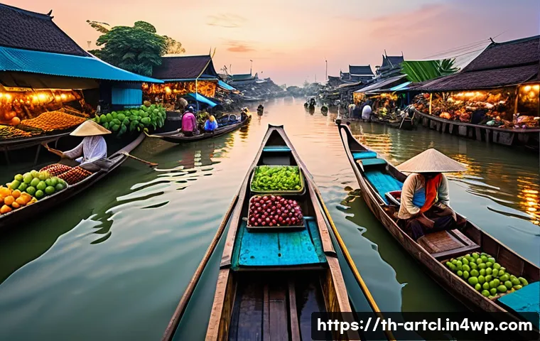 사운드 아트 프로젝트와 커뮤니티의 관계 - A vibrant scene of a bustling Thai floating market at dawn, with vendors in traditional attire selli...