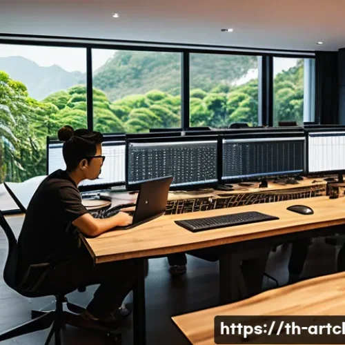 사운드 아트 프로젝트 진행 일정 설정하기 - A modern creative workspace with a diverse team of Thai audio engineers and designers collaborating ...