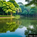 사운드 아트의 문화적 의미와 사회적 기여 - A serene public park in Thailand during early morning, featuring a peaceful pond with crystal-clear ...