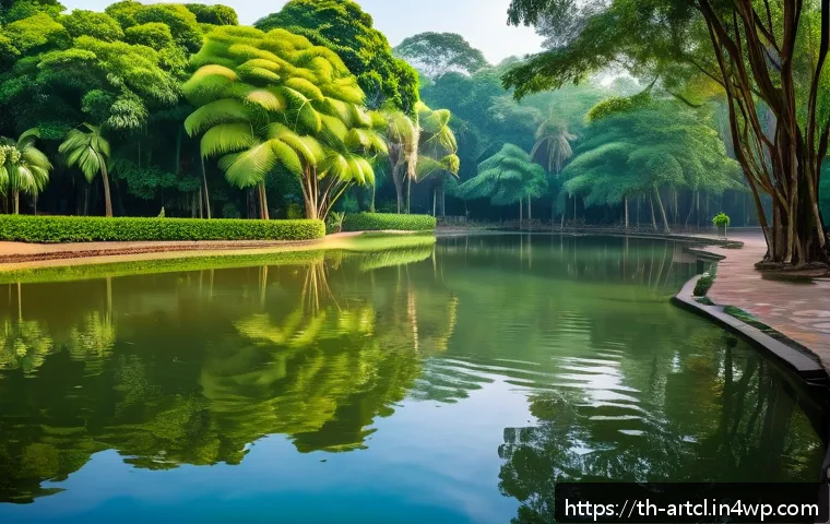 사운드 아트의 문화적 의미와 사회적 기여 - A serene public park in Thailand during early morning, featuring a peaceful pond with crystal-clear ...