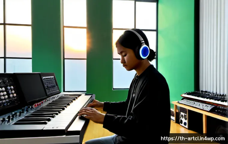 Home 17 사운드 아트의 청각적 요소 분석하기 - Photorealistic sound art analysis scene in a contemporary Bangkok gallery, Thai audio artist wearing...