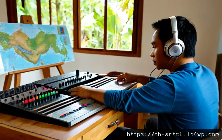 Home 17 사운드 아트 프로젝트 기획서 작성법 - Photorealistic Thai sound artist planning a public sound art installation at a clean wooden desk in ...